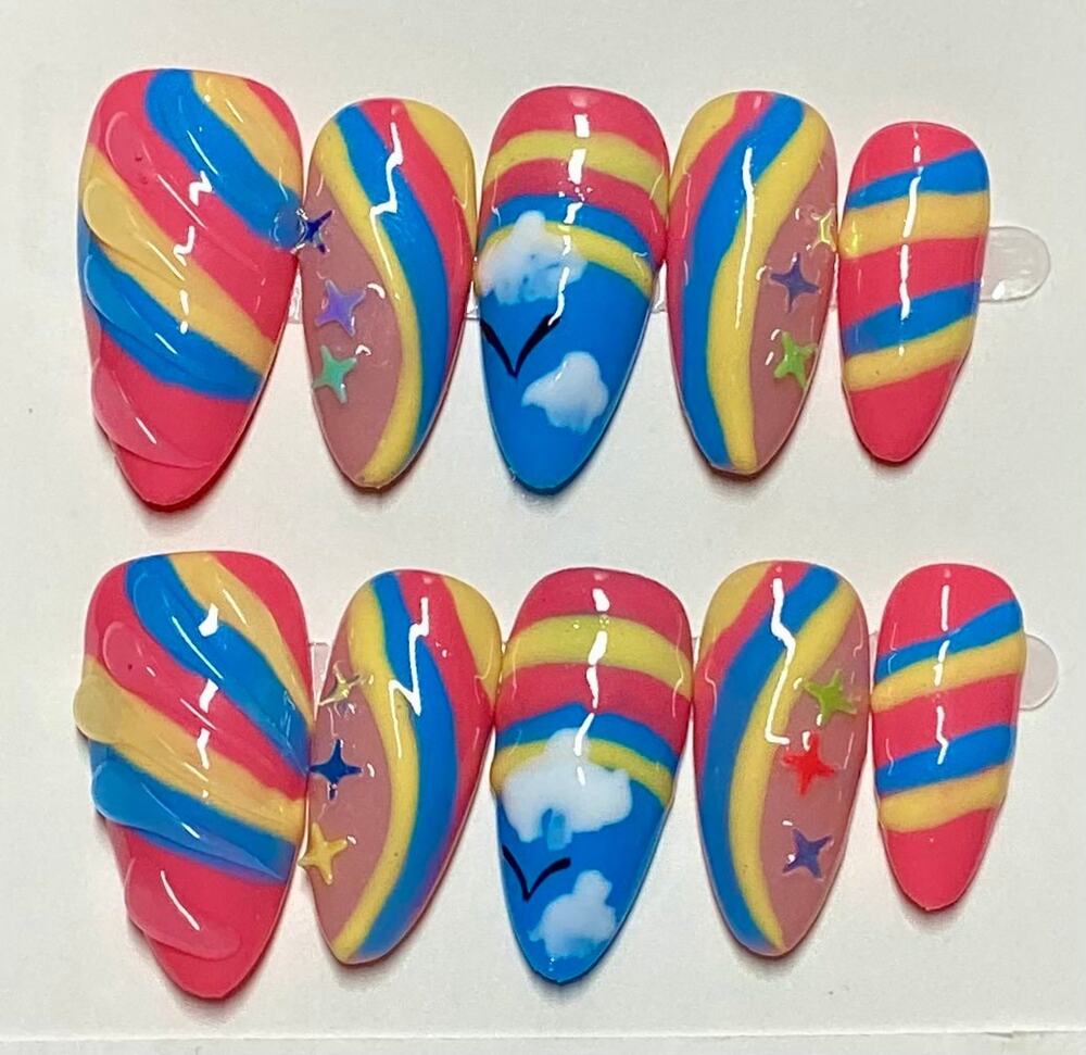 Magical Unicorn Rainbow Clouds Almond Handmade Press-On Nail Large